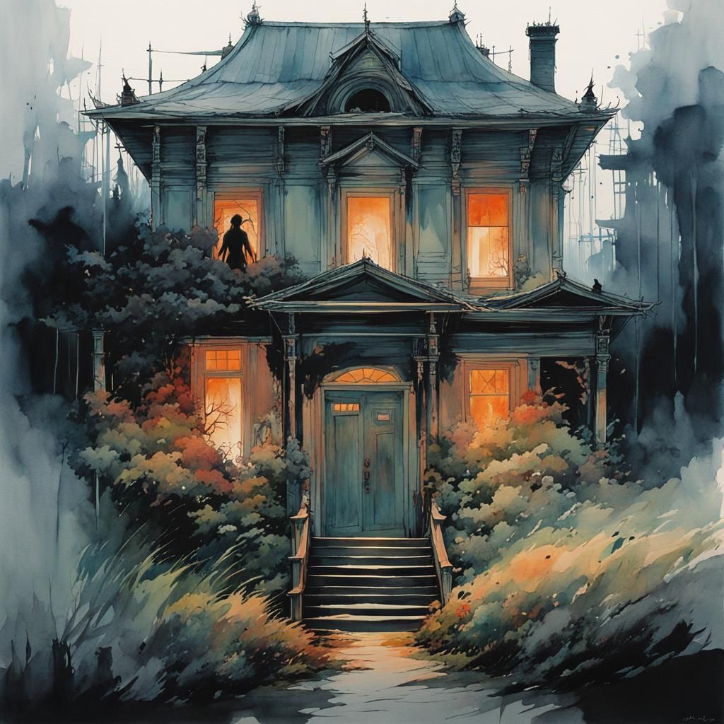 Ominous Haunted House in Anime Watercolor Style