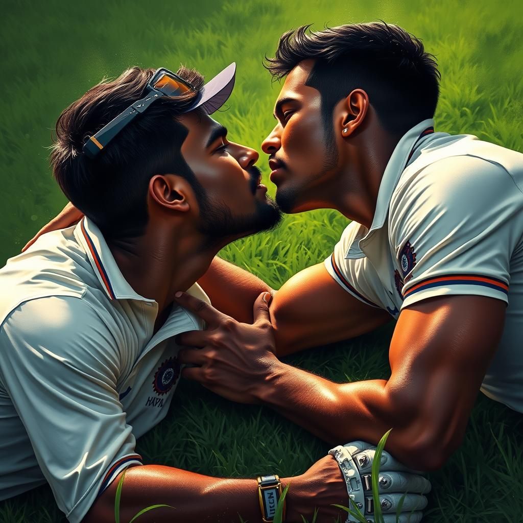 Passionate Kiss Between Cricket Players: Hyperrealistic Illu...