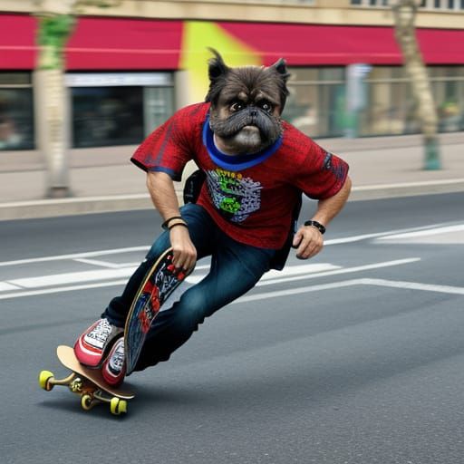 Brussels Griffon Dog Riding a Skateboard