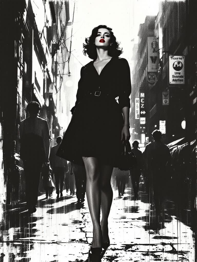 Pin-Up Woman in Black Dress on City Sidewalk