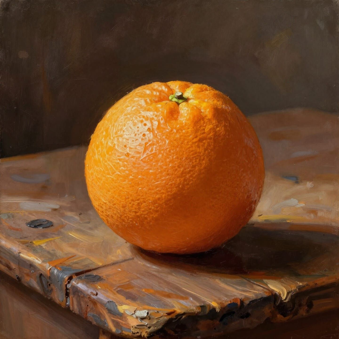 Vibrant Orange on Rustic Table in Chiaroscuro Light