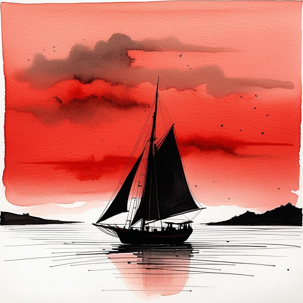 Minimalist Ink Sketch of Sailboat at Sunset