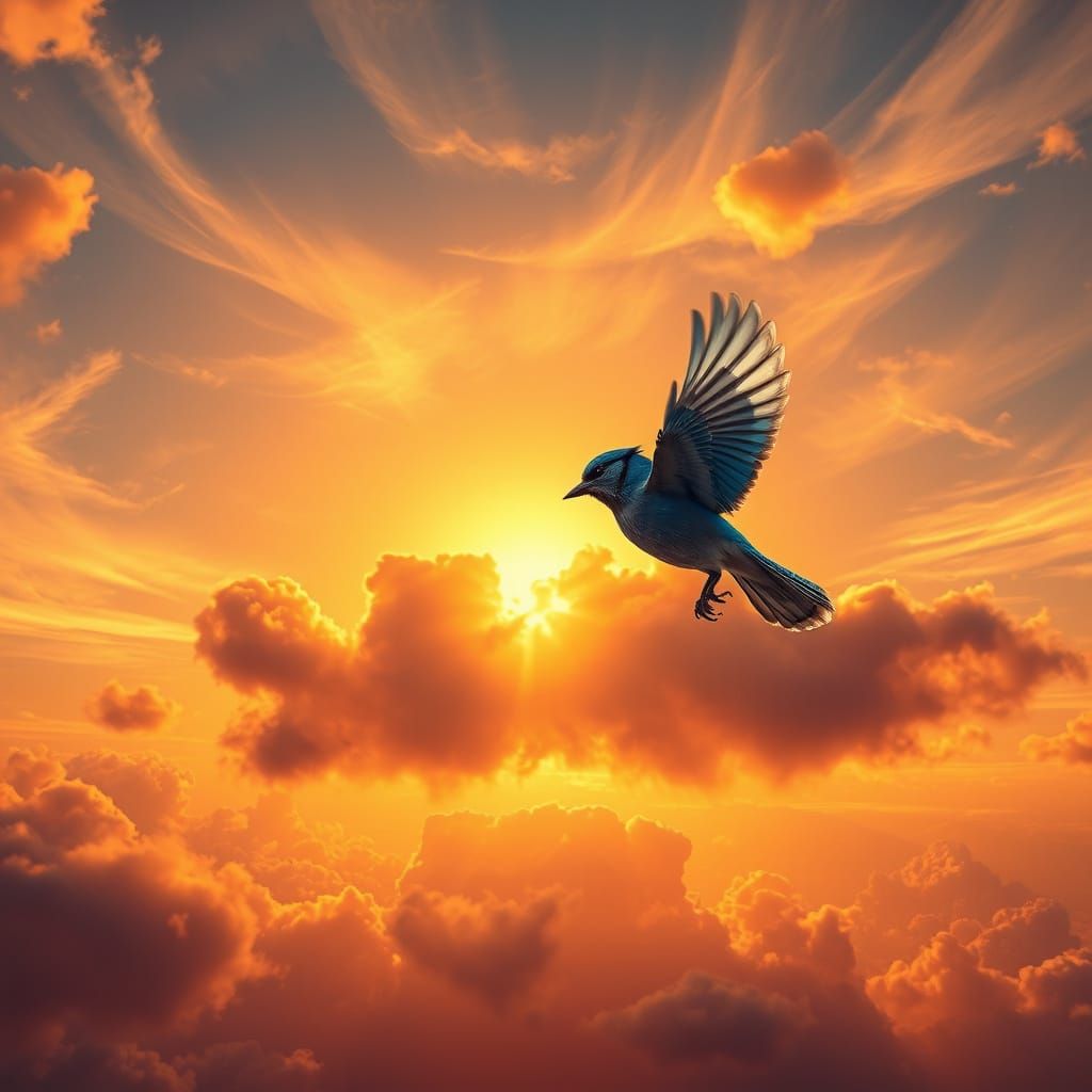 Ethereal Sunset with Majestic Blue Jay in Flight