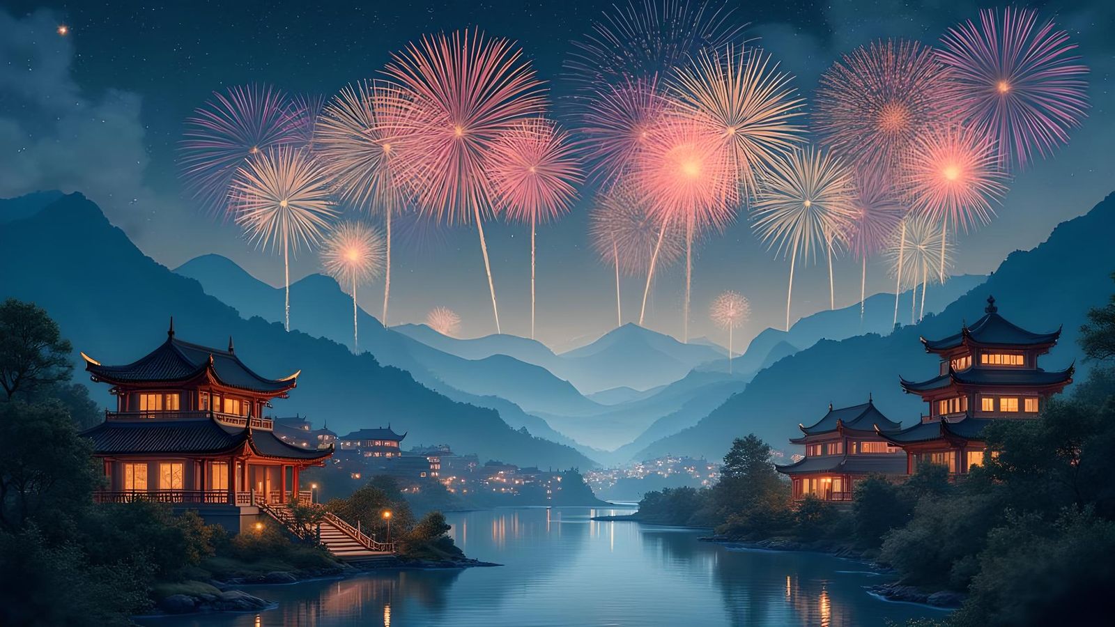 Fireworks Light Up Chinese Village Night Sky