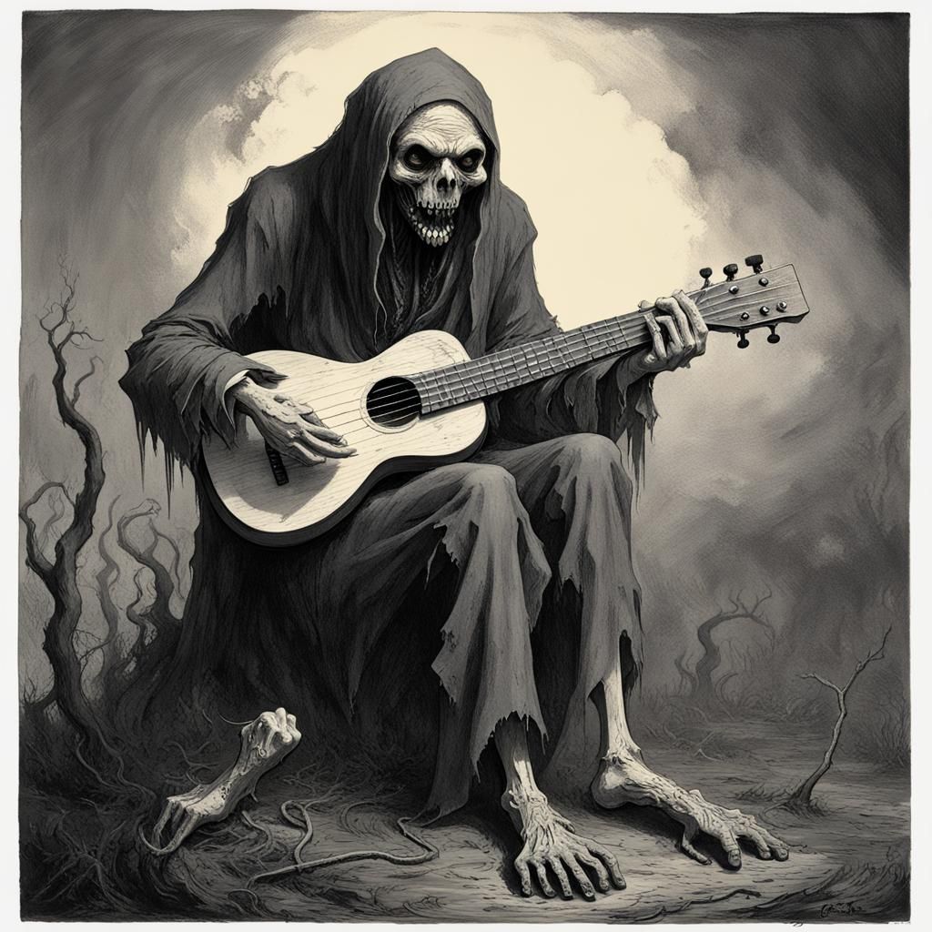 Rotting Ghoul Plays Ukulele in Horror Art Style