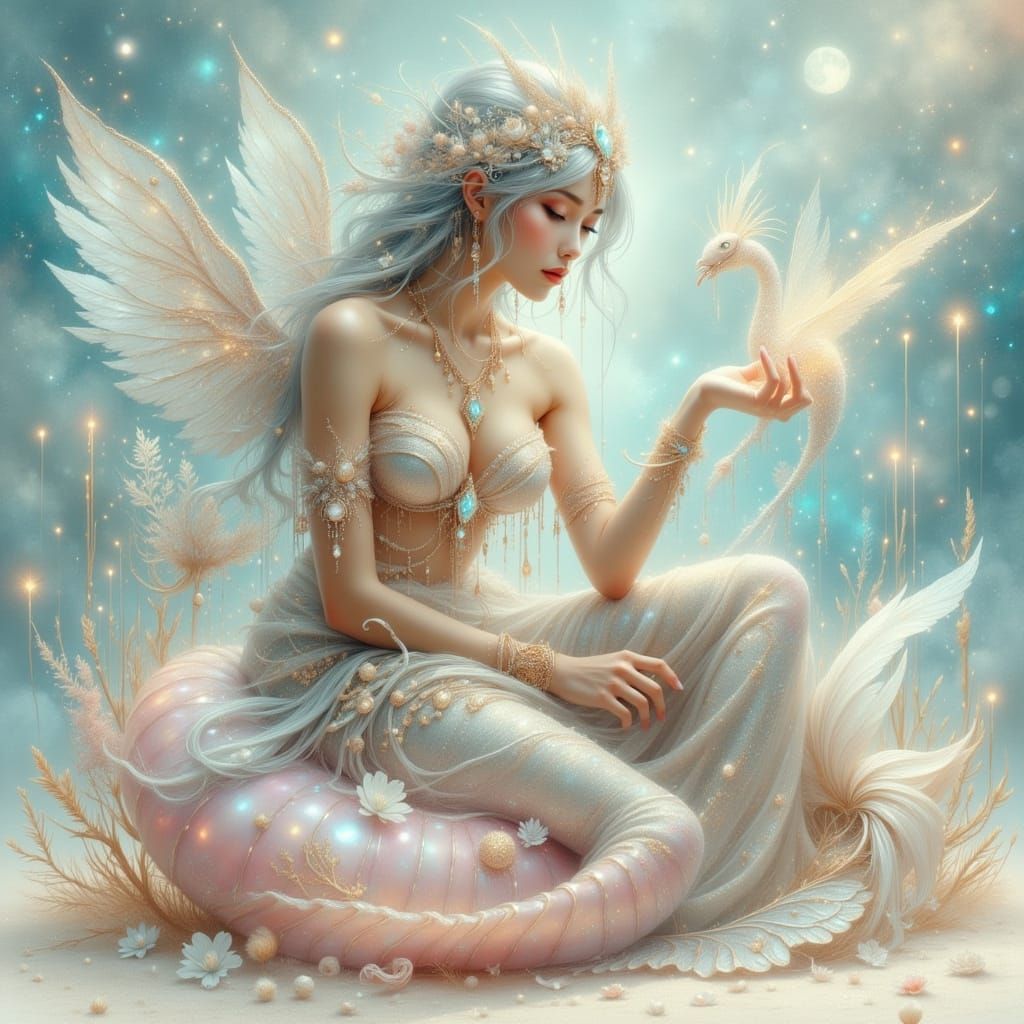Ethereal Mermaid with Silver Hair on Pearl