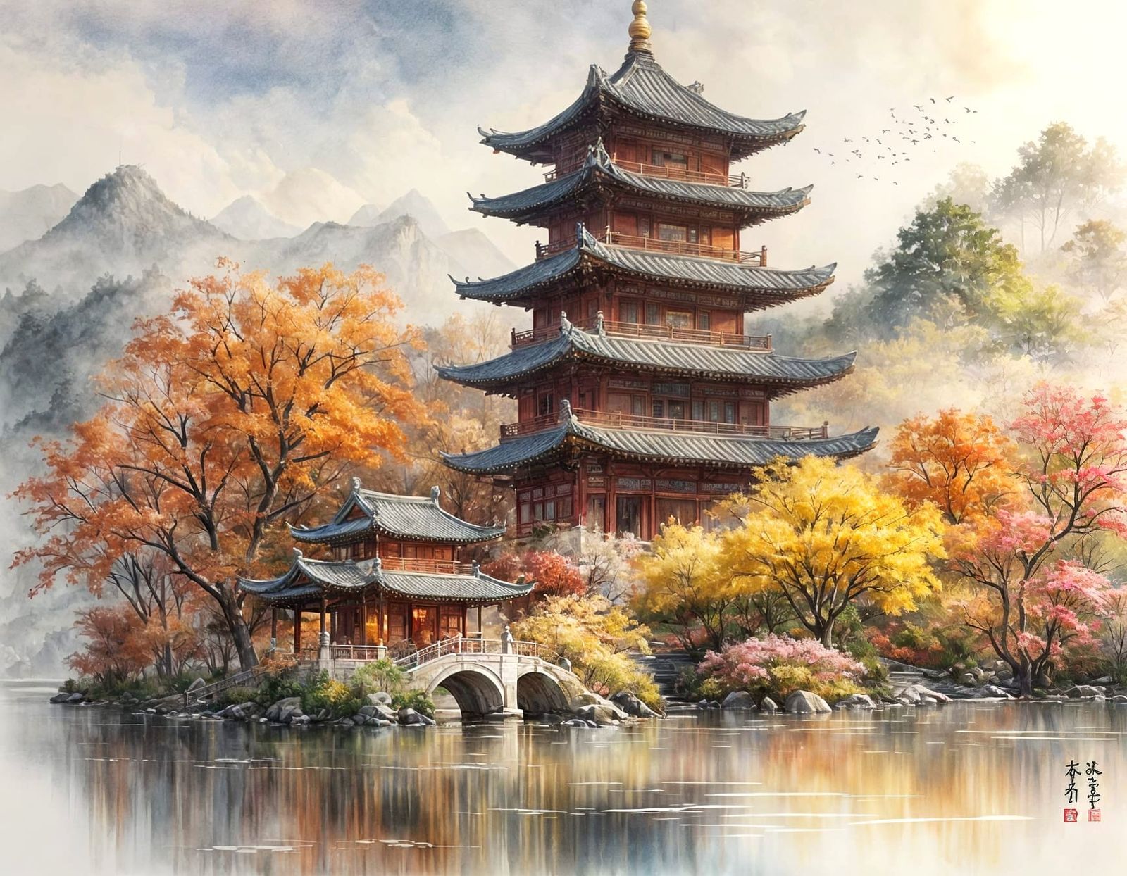 Pagoda in Watercolor Masterpiece Capturing Seasonal Change