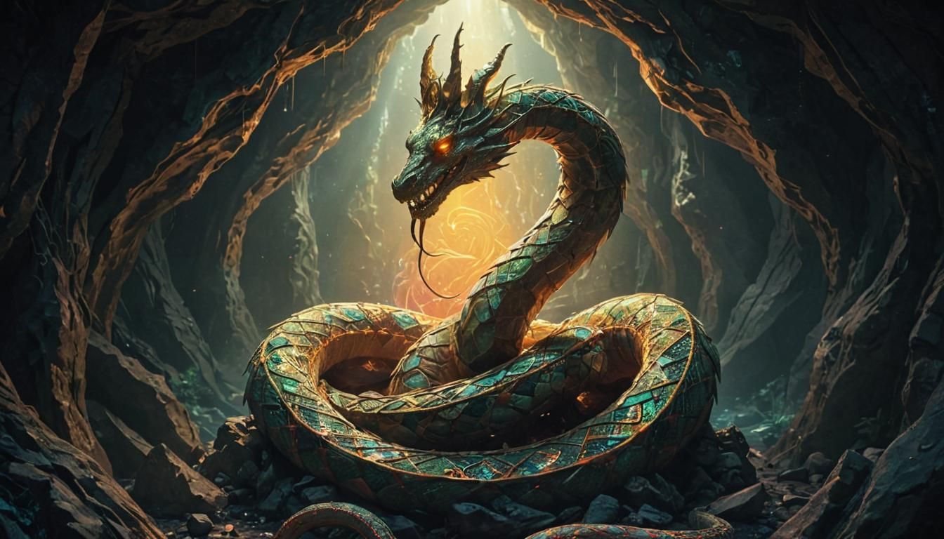 Create prismatic neon a serpent king wrapped around a Fractal Serpenr Being Being In a cave