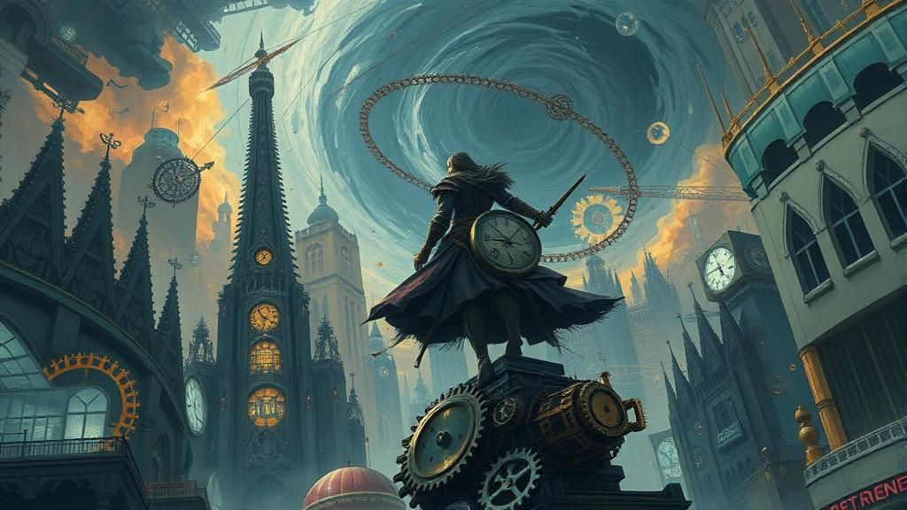 Steampunk Warrior in Cyberpunk Cityscape, Matte Painting
