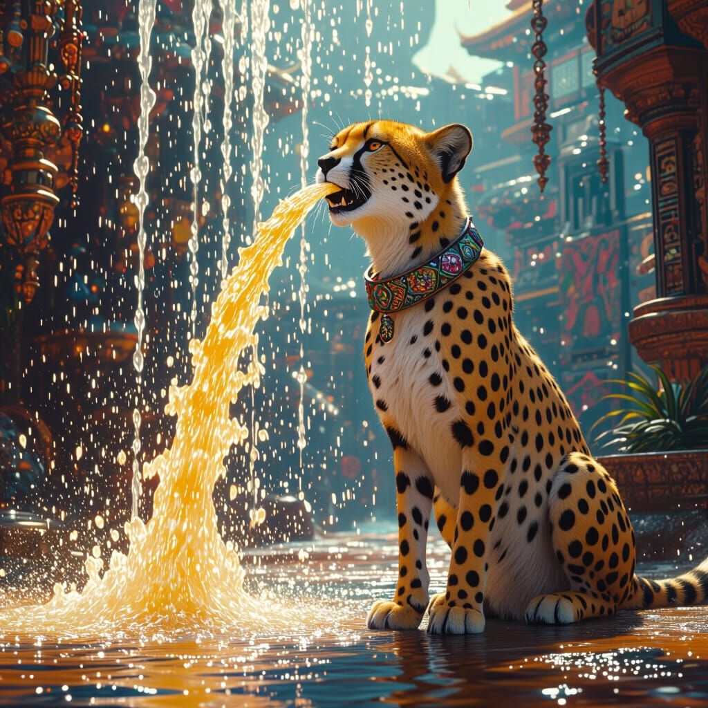 Cheetah's Cascading Fountain: Hyper-Realistic Fantasy Art