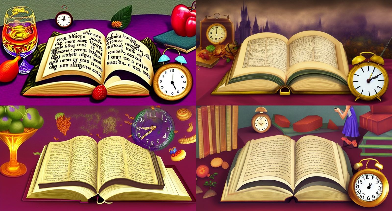Ethereal Fantasy Art: Magic Book with Food and Clocks