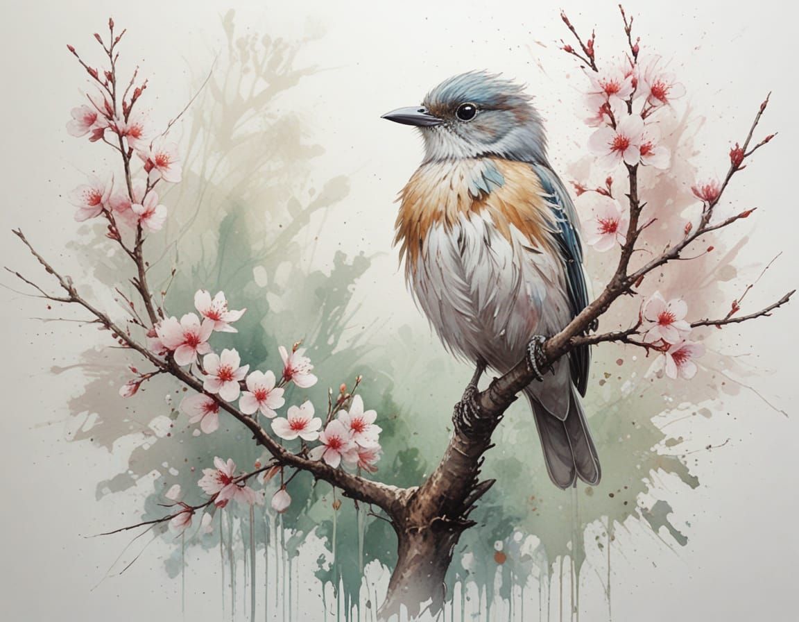 Pastel Bird on Branch Over Reflective Water, Cherry Blossoms