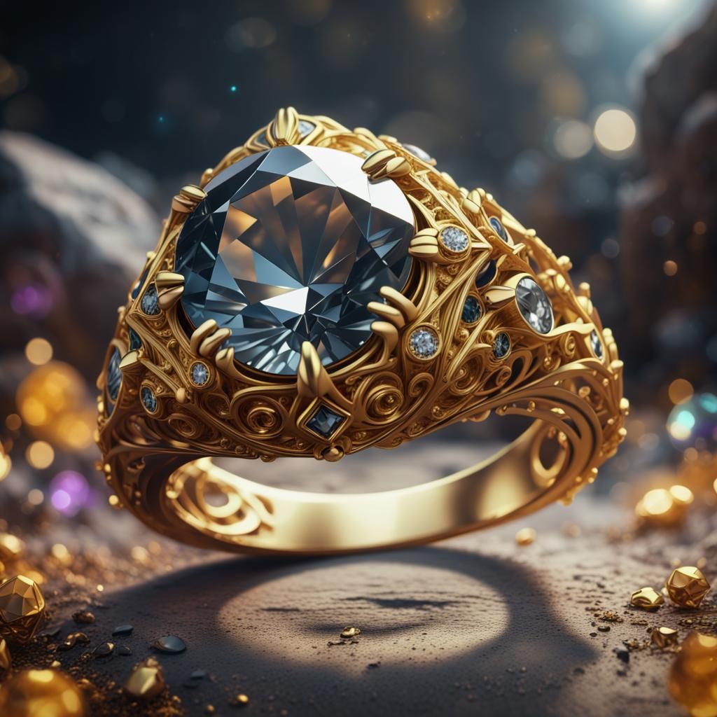 Gold Diamond Ring in Detailed Matte Painting Style