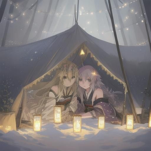 Girls in Tent with Fairy Lights in Anime Style