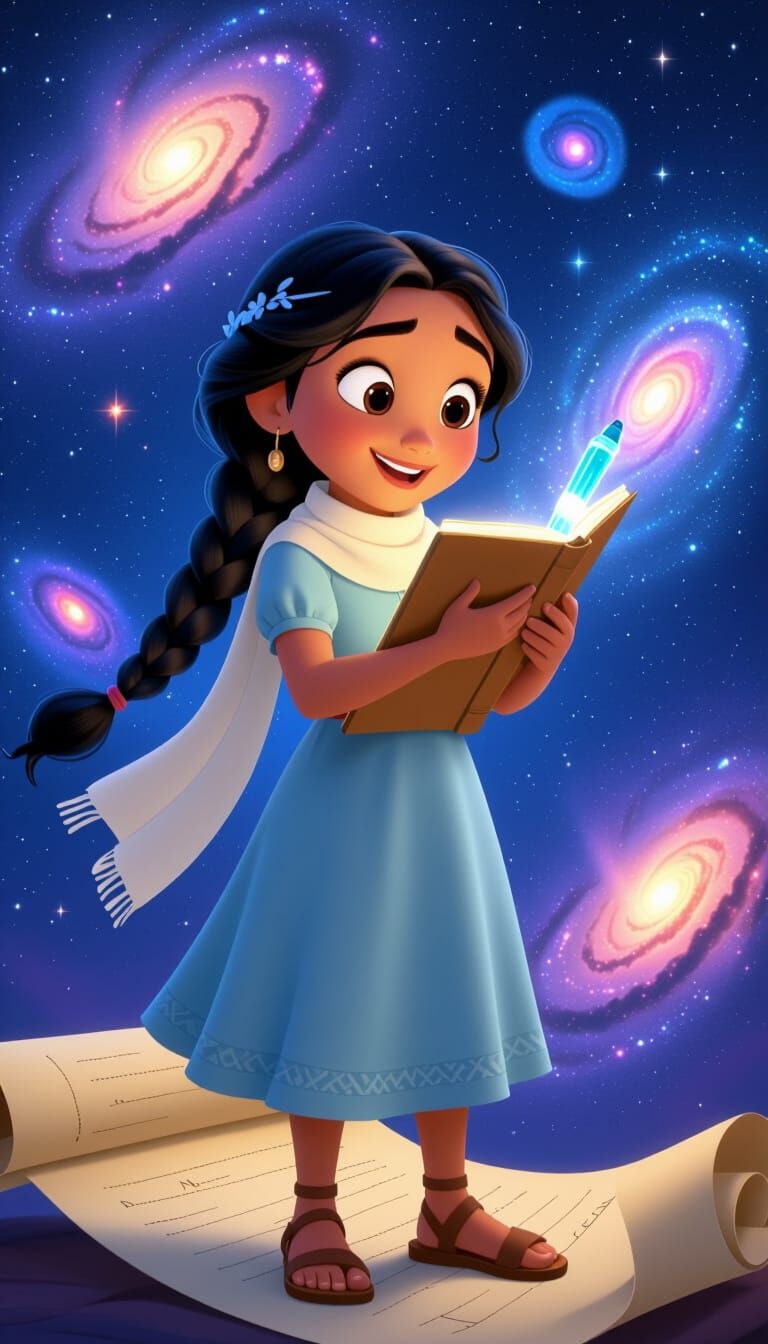 Layla and the Cosmic Scroll in 3D Disney Pixar Style
