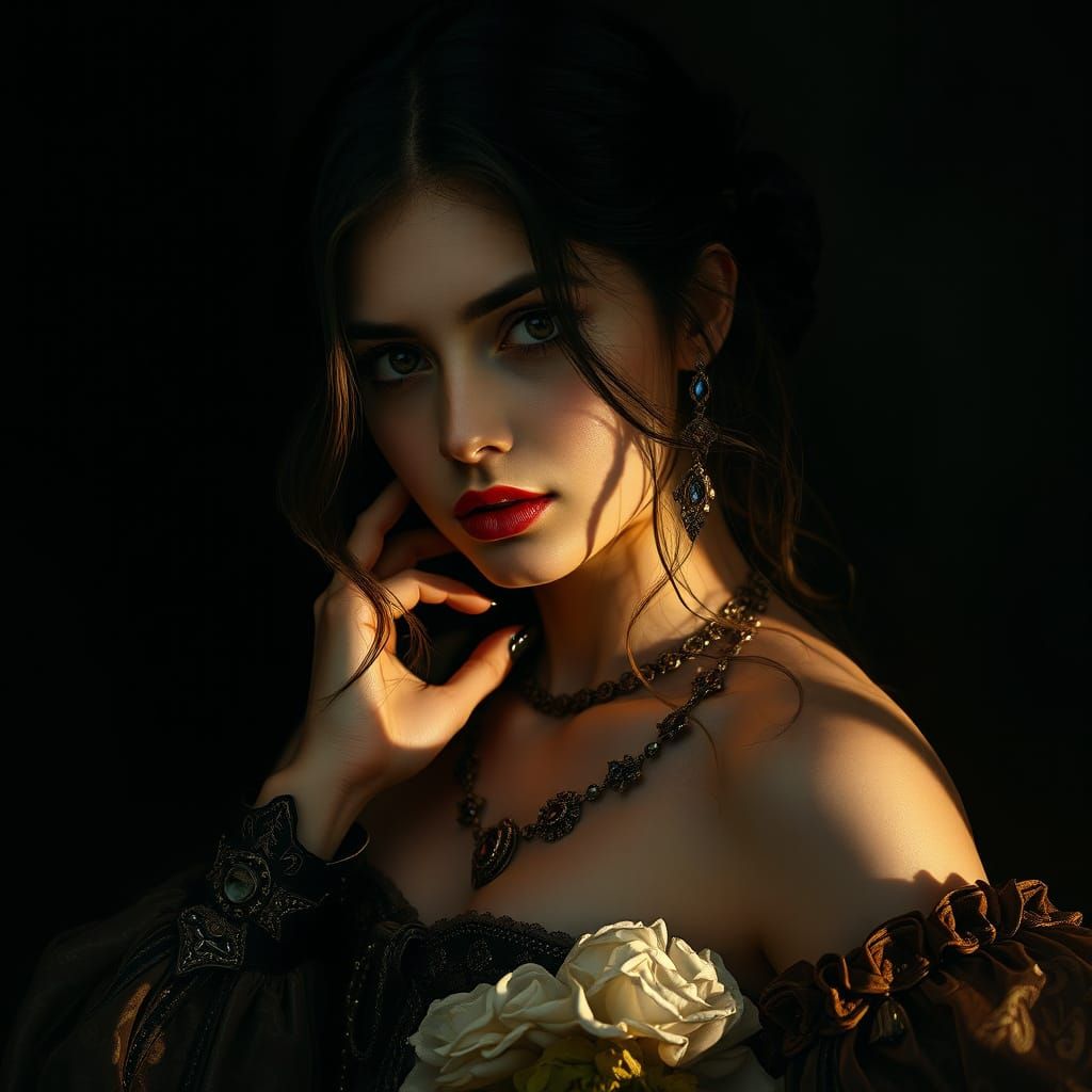 Woman in Ornate Clothing Illuminated by Golden Light