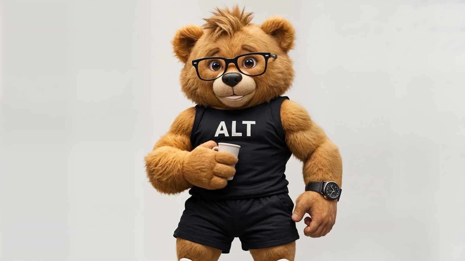 Teddy Bear in Casual Wear with Coffee Cup