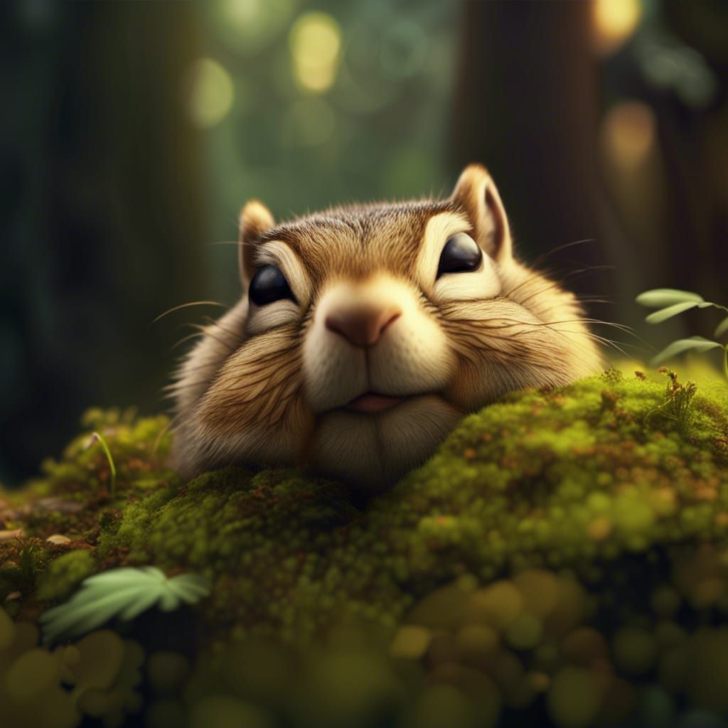 Sleeping Chipmunk in Mossy Forest: Digital Painting