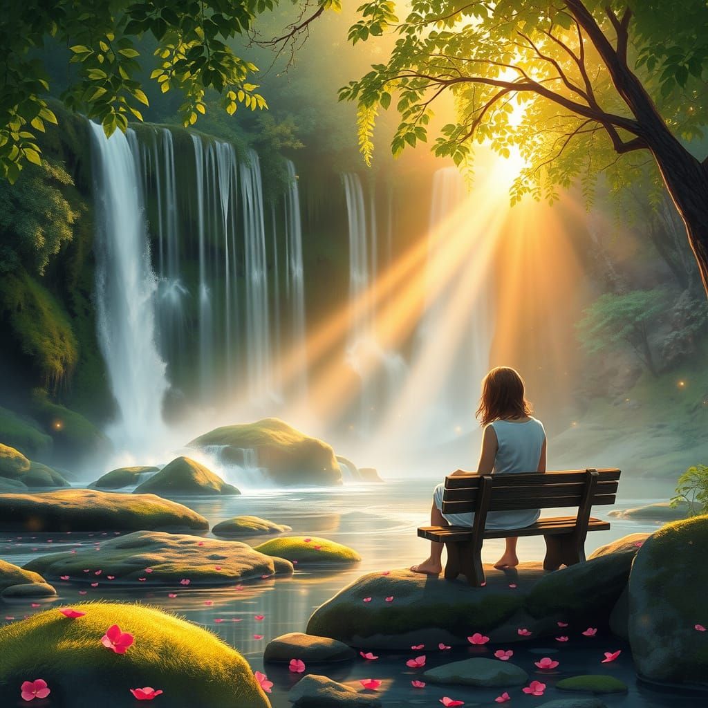 Romantic Waterfall Scene in Golden Light