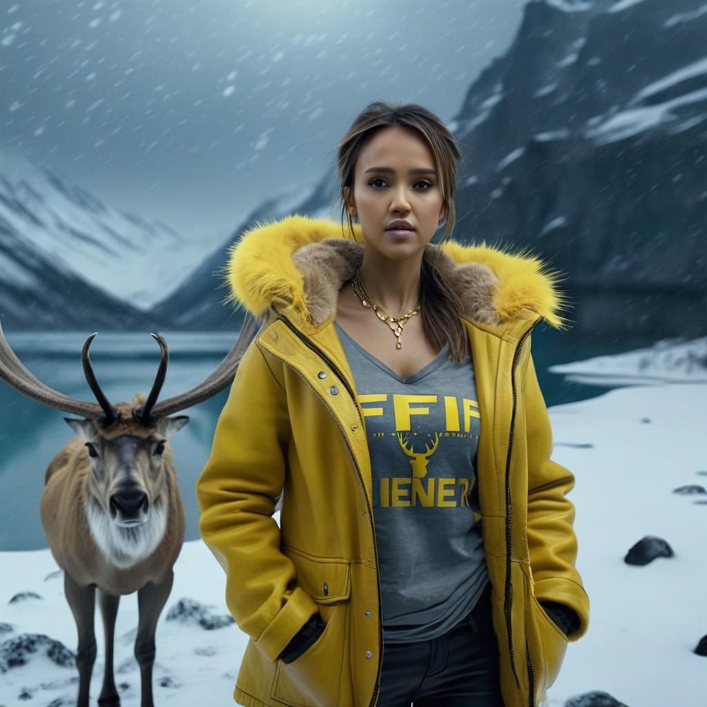 Cinematic Portrait: Woman and Reindeer in Snowy Mountains