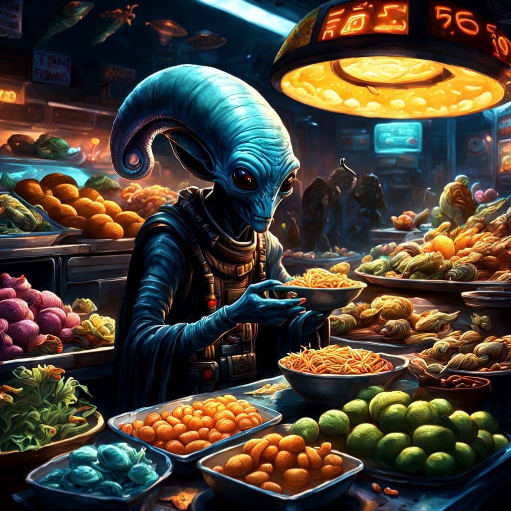 Lunar Market Exotic Food in Sci-Fi Style