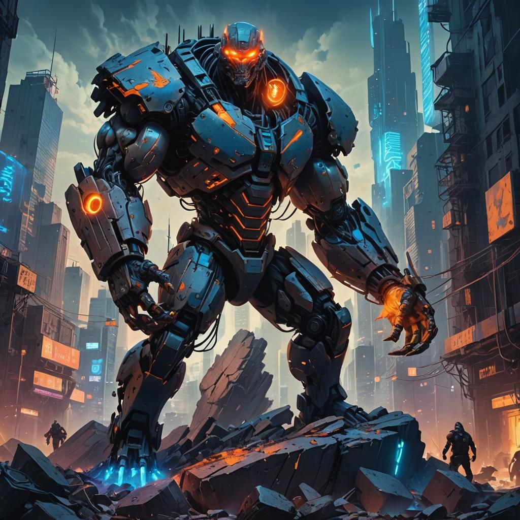 Cyberpunk Cyborg Lifts Boulder in Dystopian Cityscape