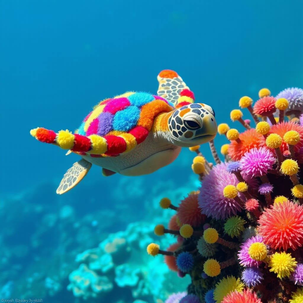 Vibrant 3D Pom Pom Sea Turtle and Coral Reef