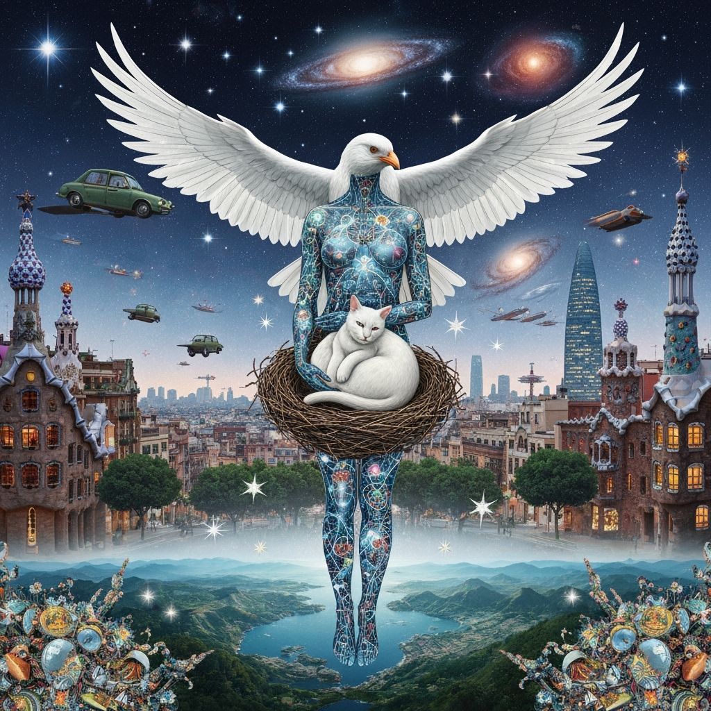 Surreal Gaudí Cityscape with Bioluminescent Figure and Cosmi...