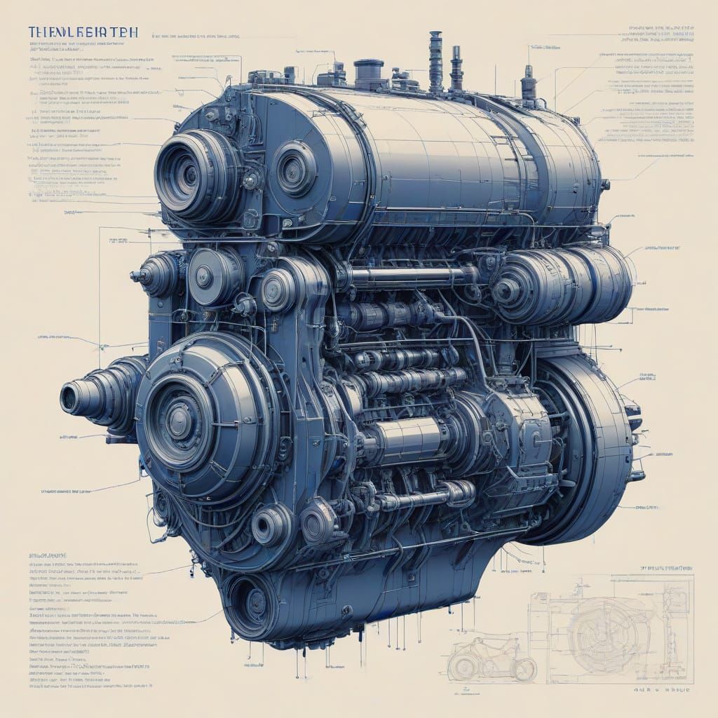 Schematics of an Engine Structure in Photorealistic Blueprin...