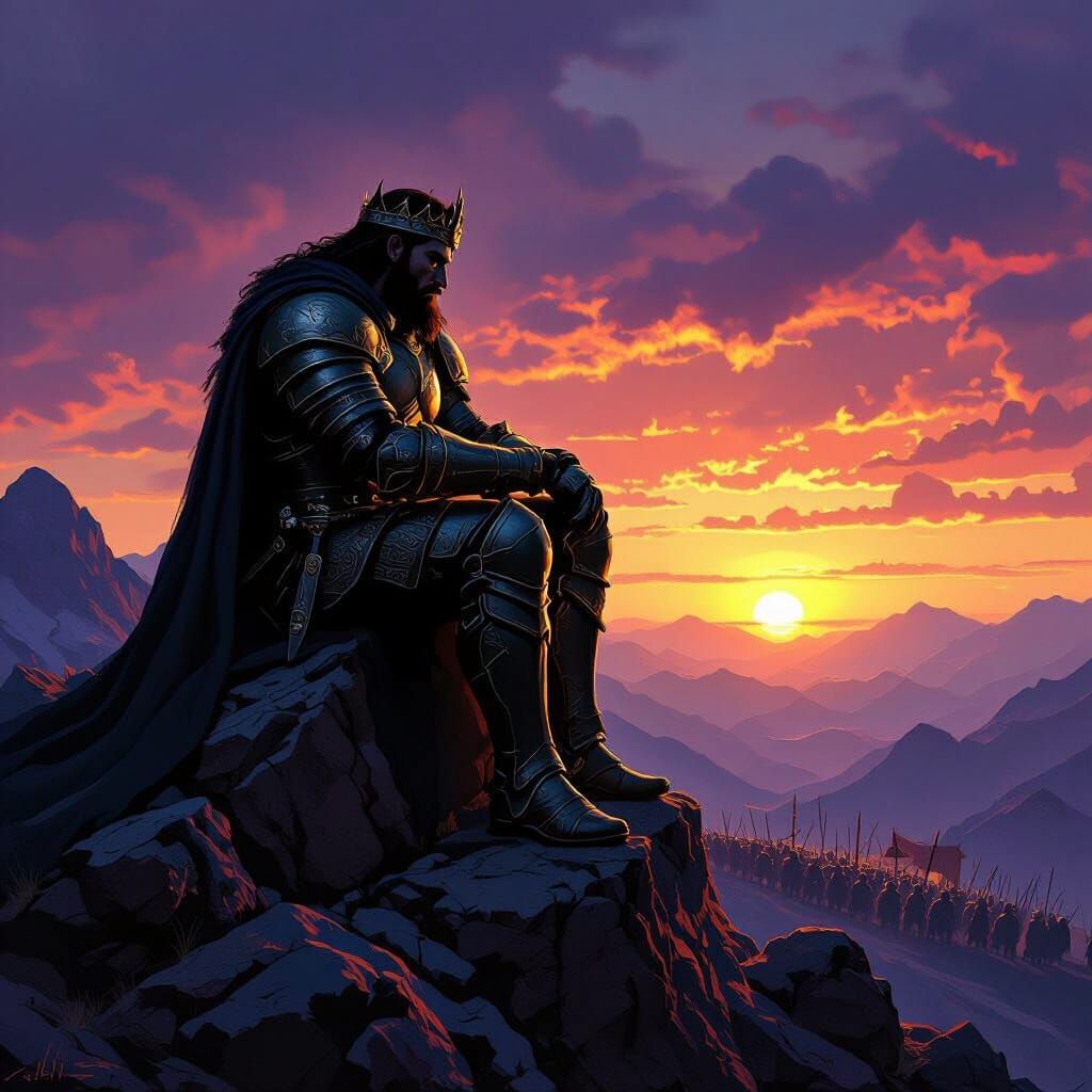 Pensive King in Battle Armor Silhouetted Against Sunset