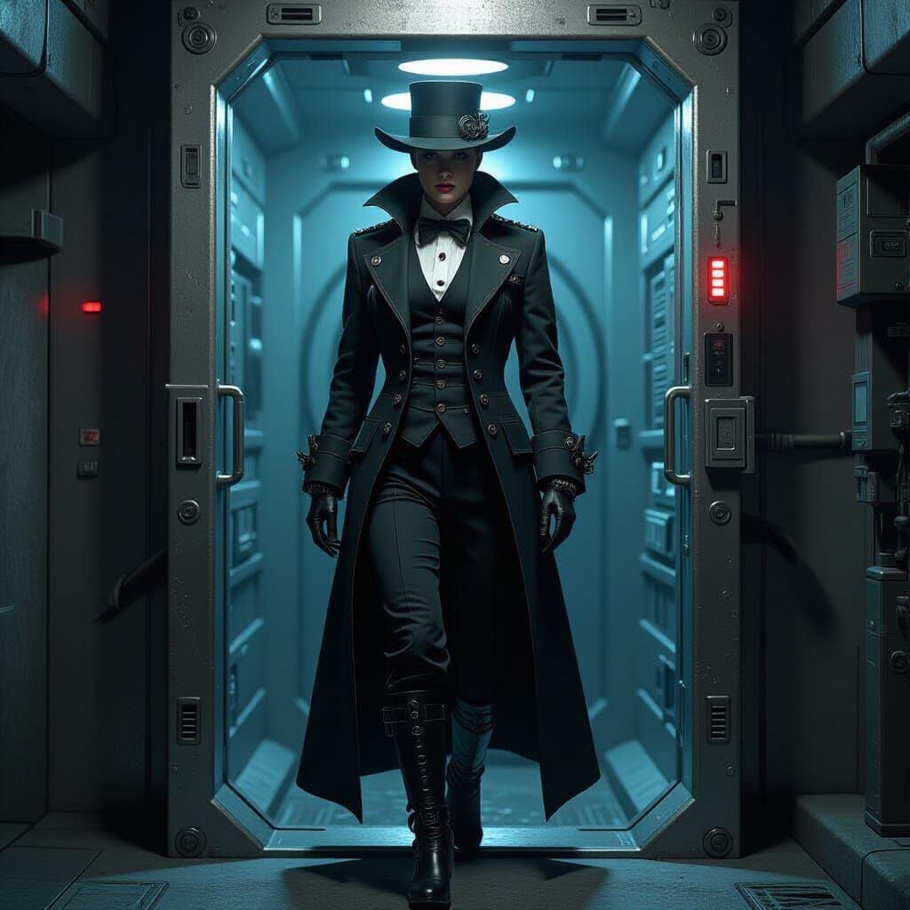 Steampunk Figure Emerges from Futuristic Teleporter