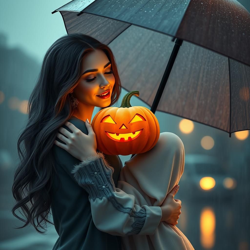 Woman Embracing Glowing Pumpkin in the Rain