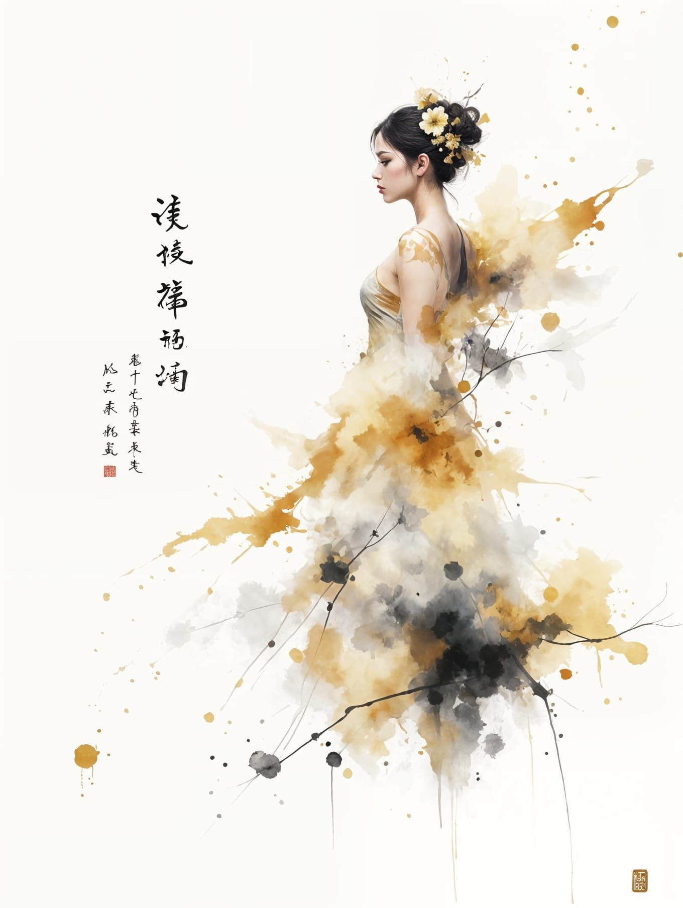 Golden Woman in Japanese Calligraphy Landscape