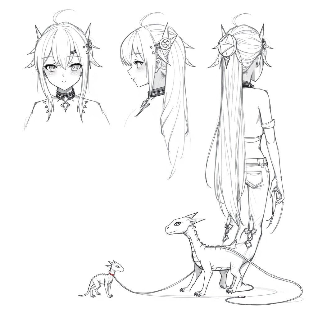 Anime Girl with Alternative Punk Style and Tiny Dragon Pet