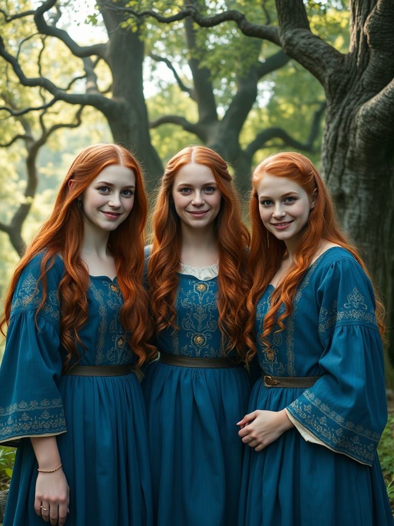 Medieval Sisters Share a Secret in a Sun-Dappled Forest Glad...