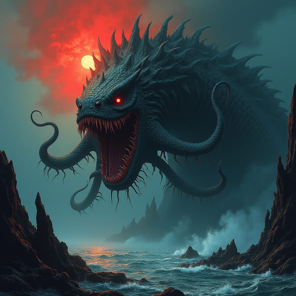 Underwater Sea Monster Emerging from Volcano