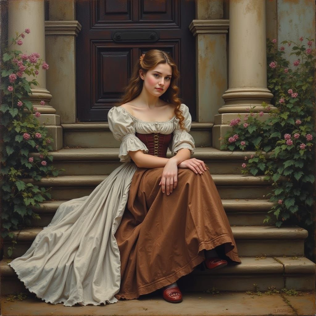 Victorian Woman on Mansion Steps, Oil on Canvas