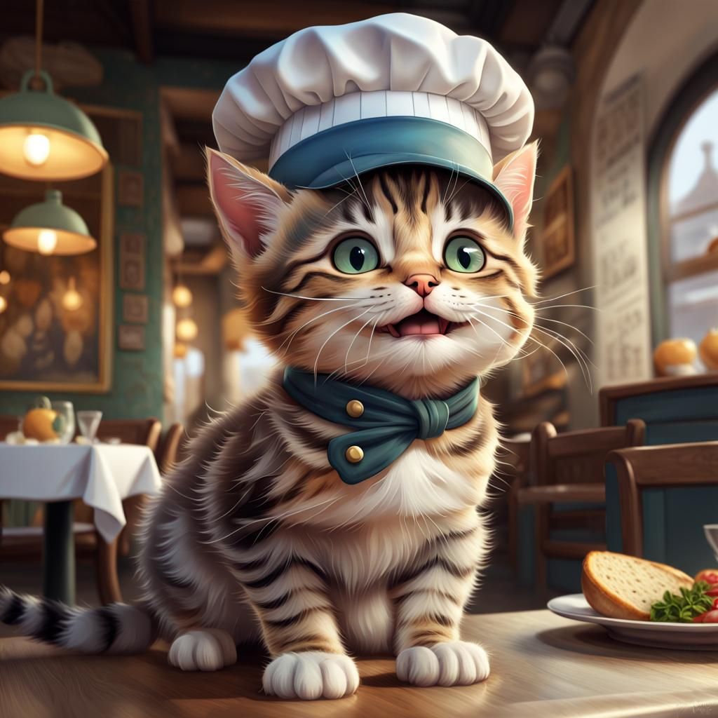 Cute Kitten Chef in Italian Restaurant
