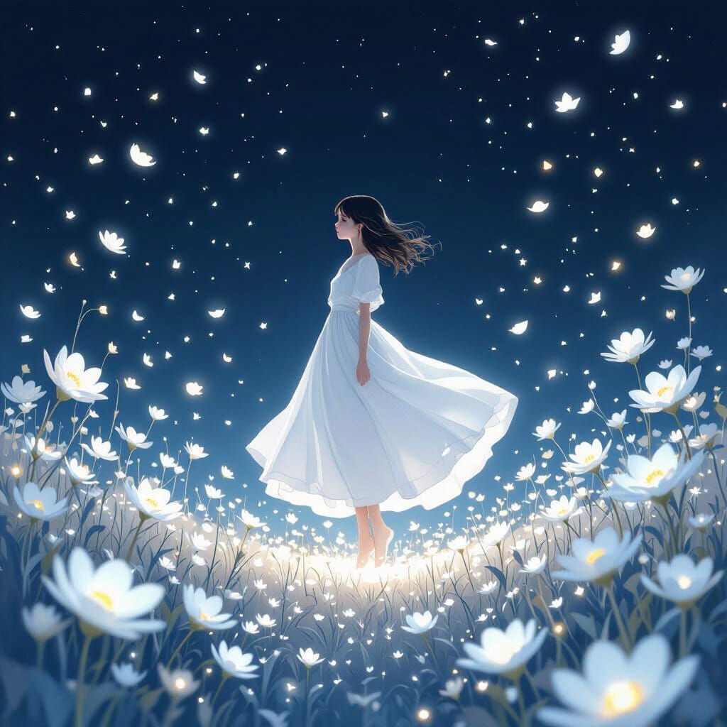 Ethereal Girl in Moon Flower Landscape