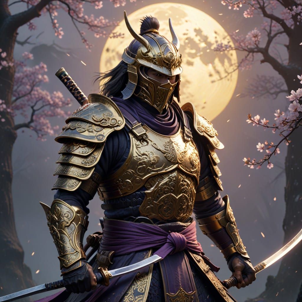 Heroic Samurai Warrior in Golden Armor, Katana at the Ready