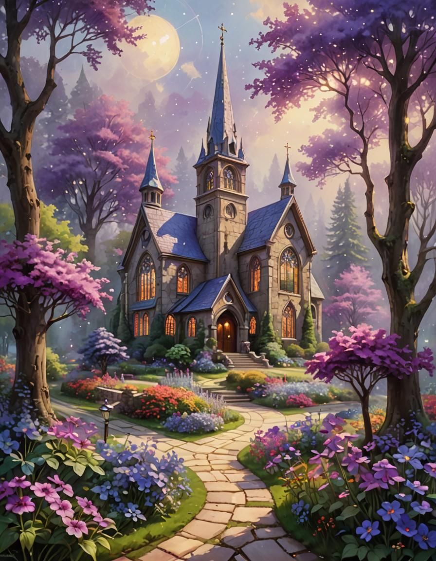 Fantasy Church with Flowers in Oil Painting Style