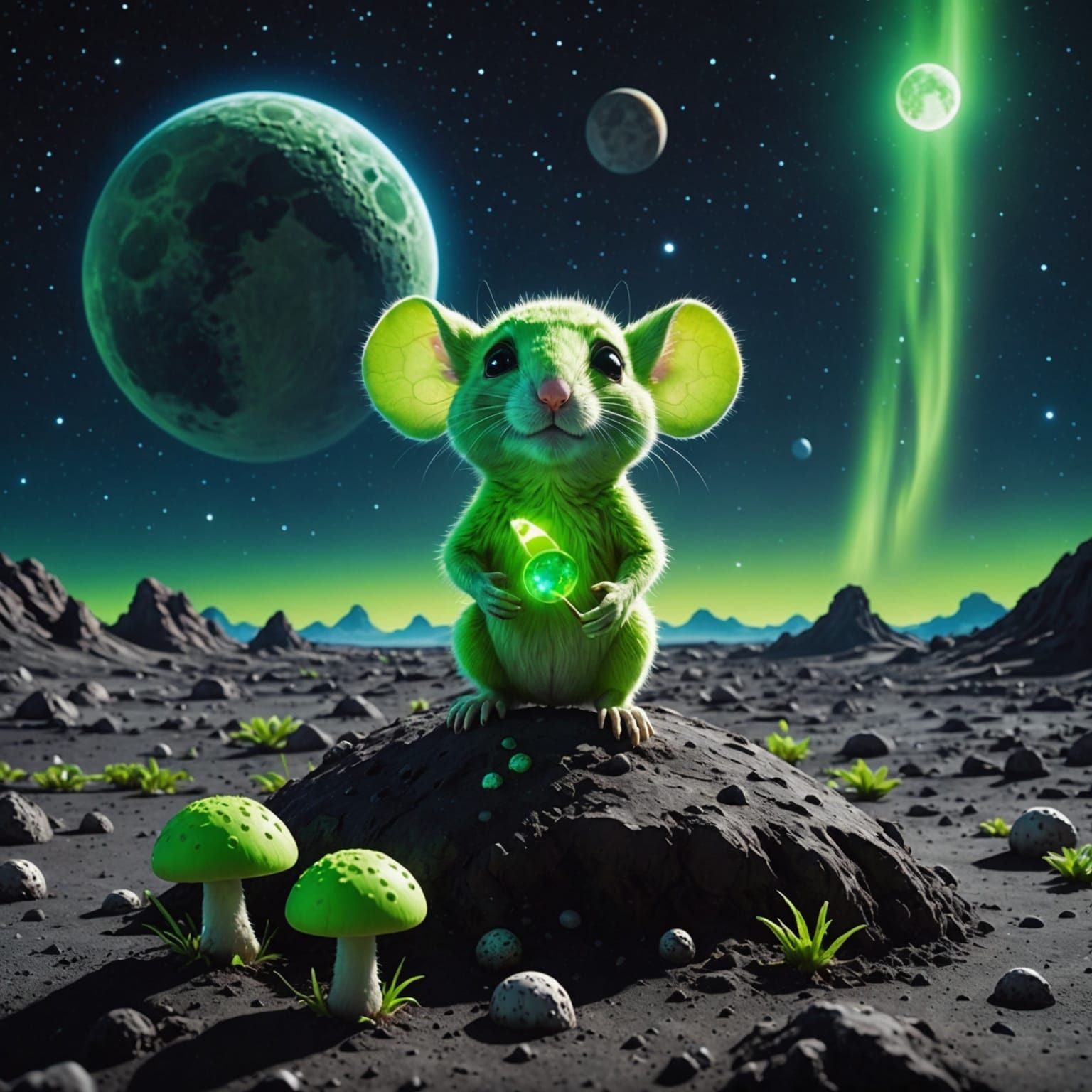 Hyperrealistic Neon Mouse and Spaceship on the Moon