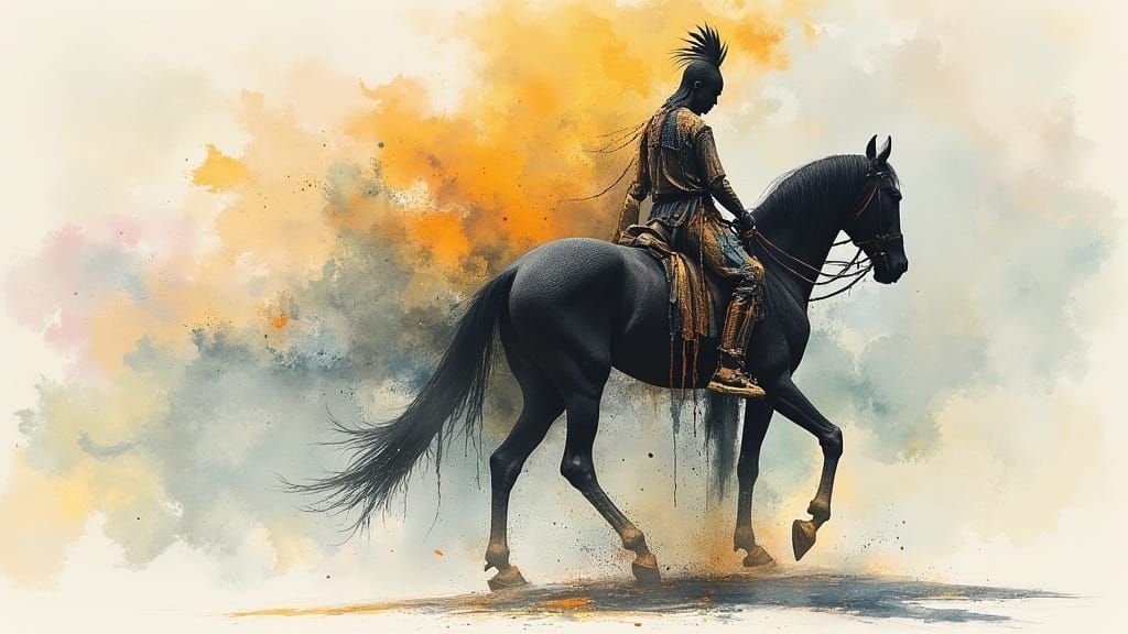 Native American Chief on Black Horse as Fluid Watercolor