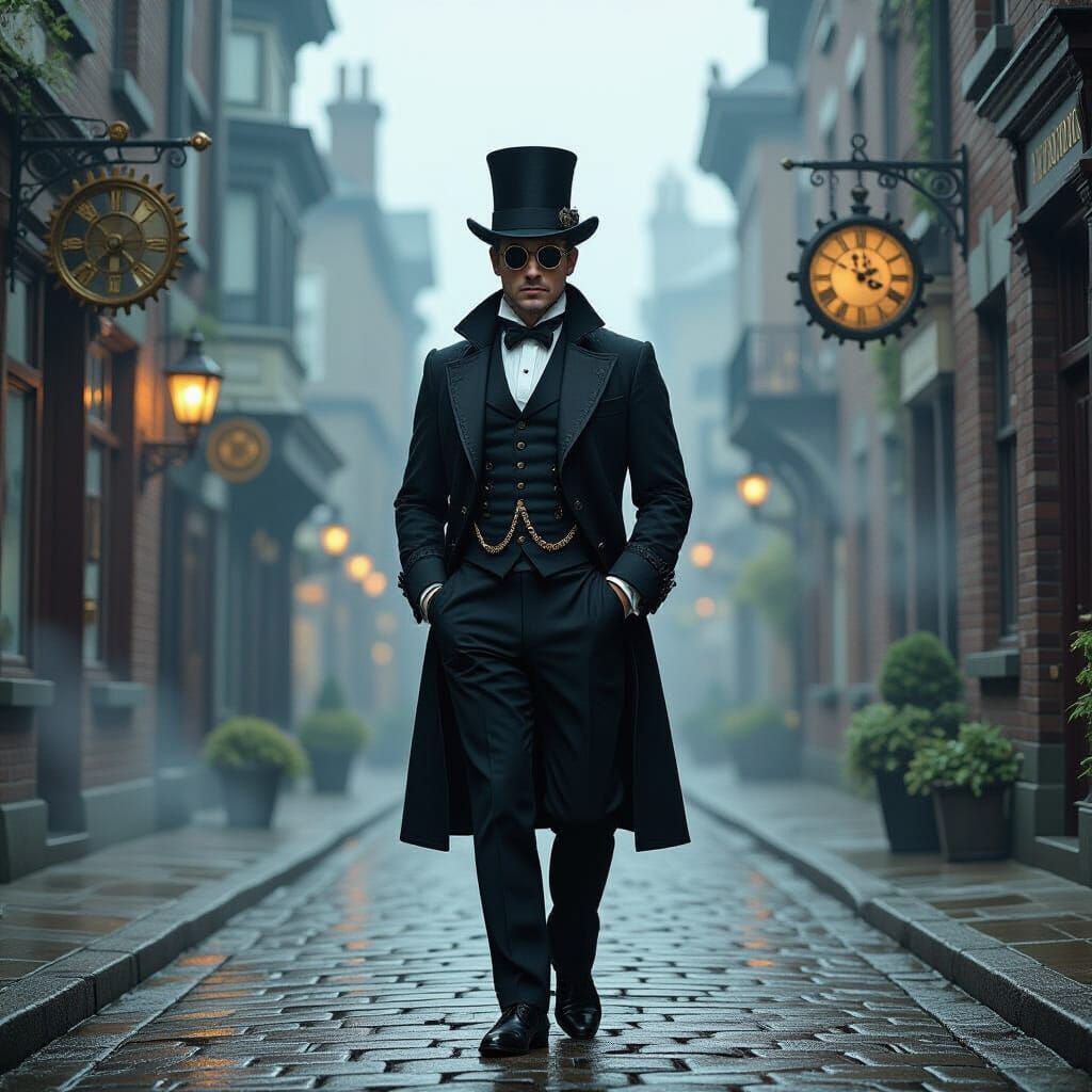 Steampunk Gentleman on Misty Cobblestone Street