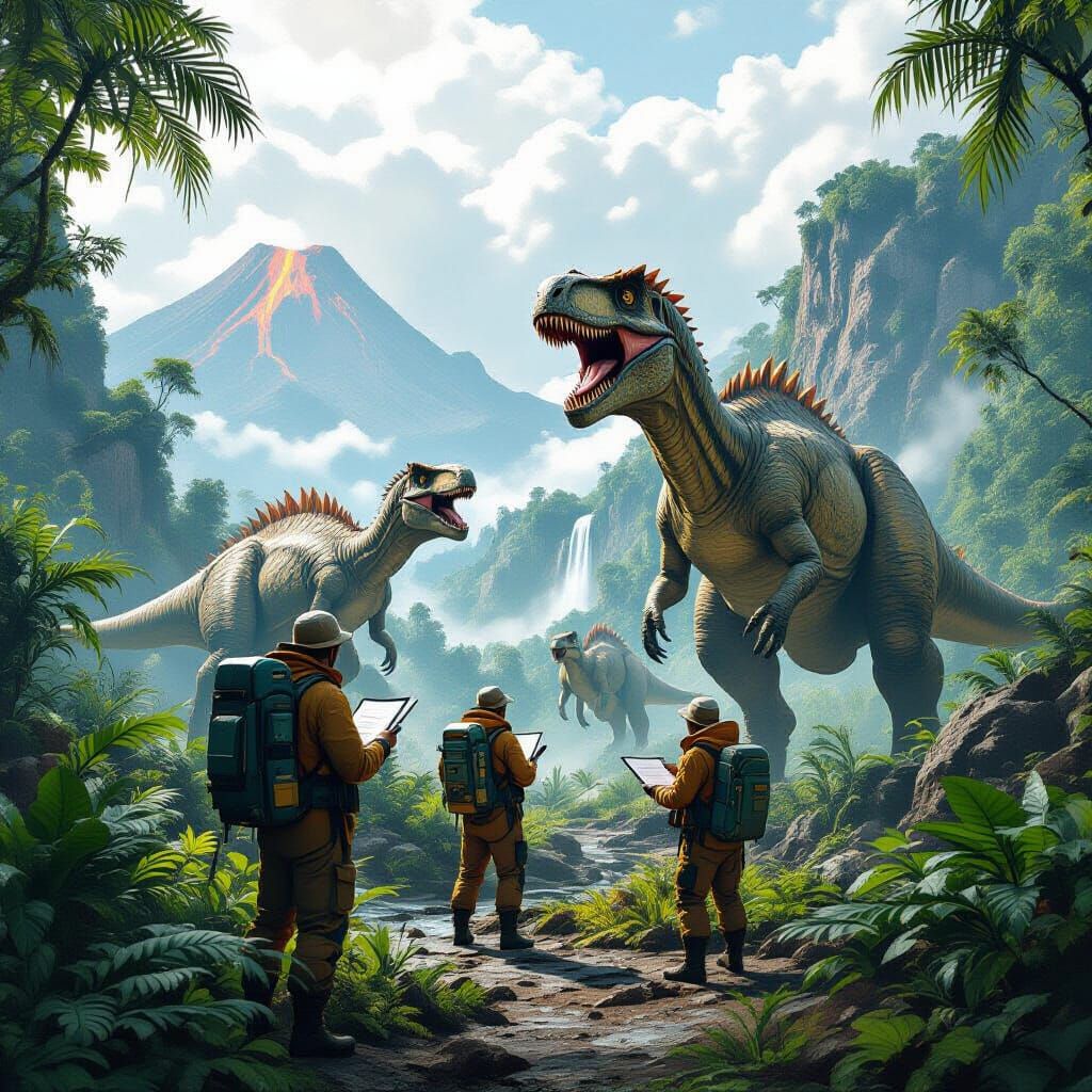 Scientists Study Dinosaurs in Lush Jurassic Landscape