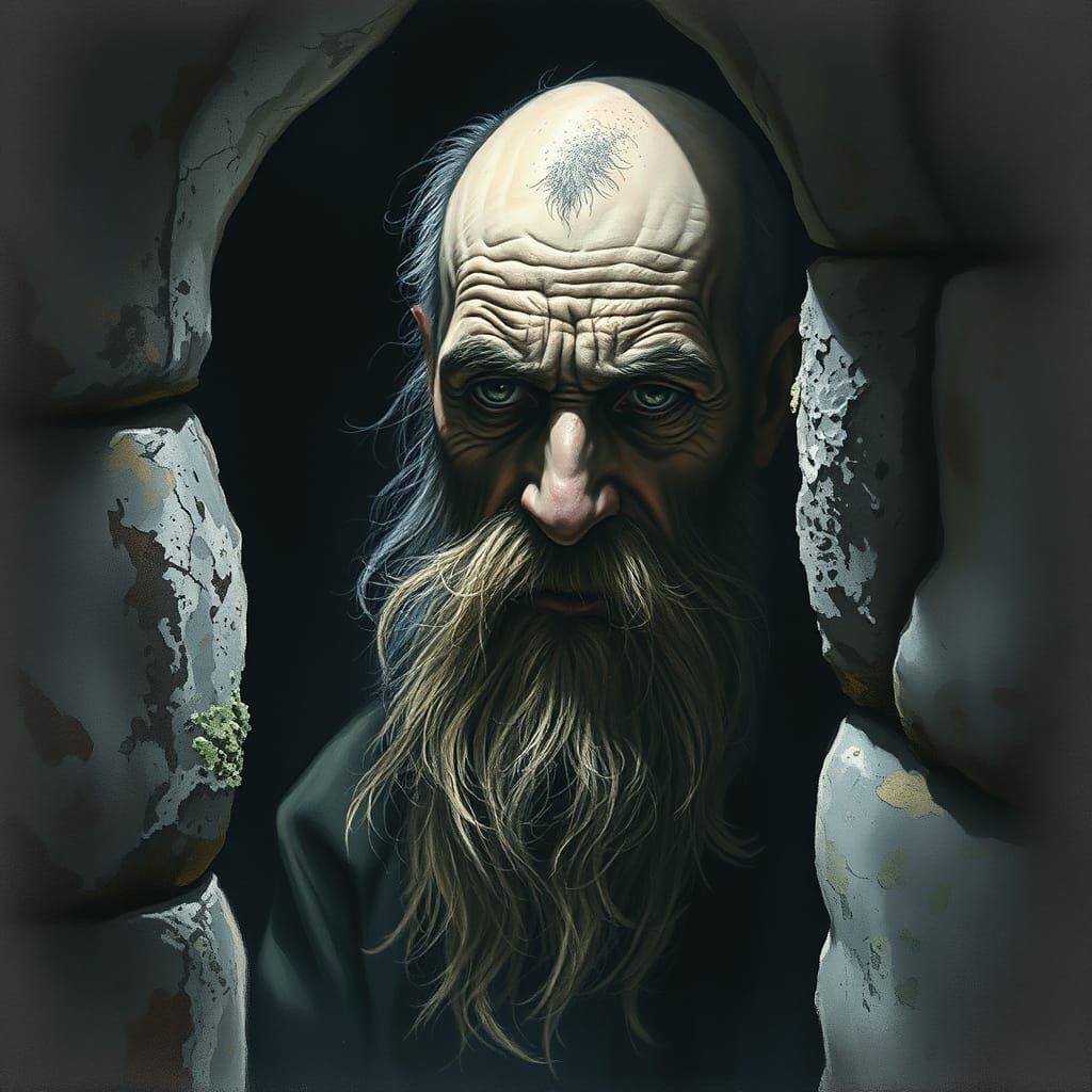 Lichen-Skinned Old Man in Stone Cell: Horror Art