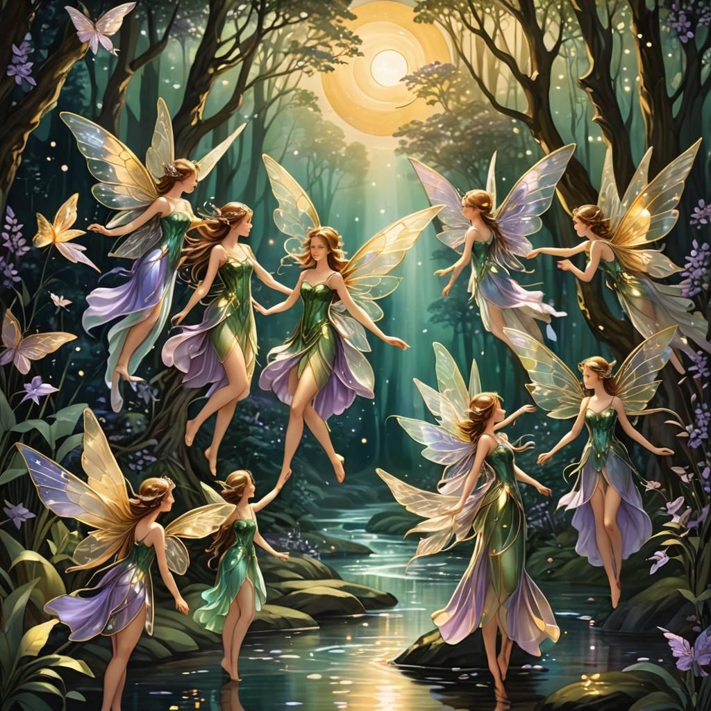 Ethereal Fairies Dancing in Moonlit Forest