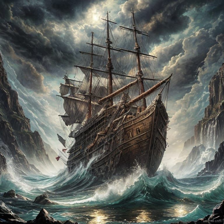 A dramatic scene of a shipwreck partially submerged on a treacherous, rocky coastline...