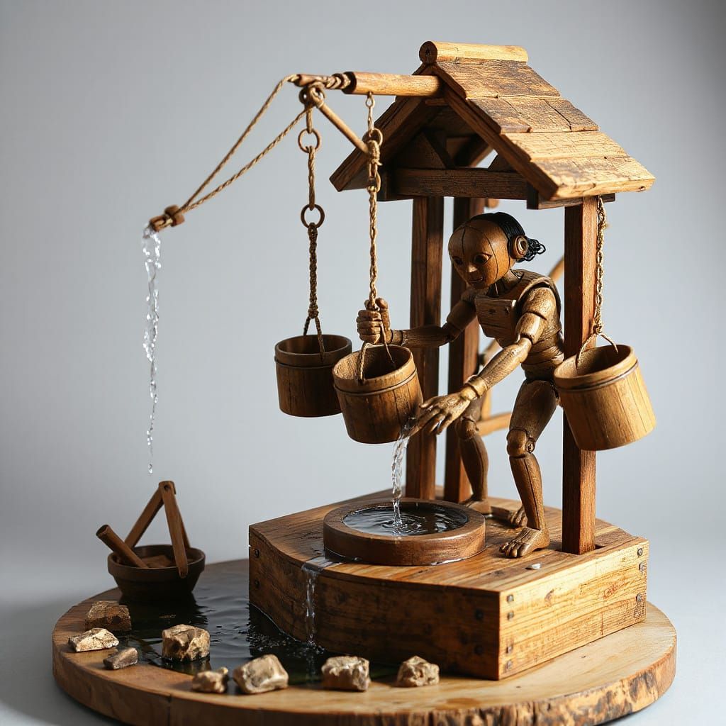 Android Carries Water by Wooden Crane in Nature