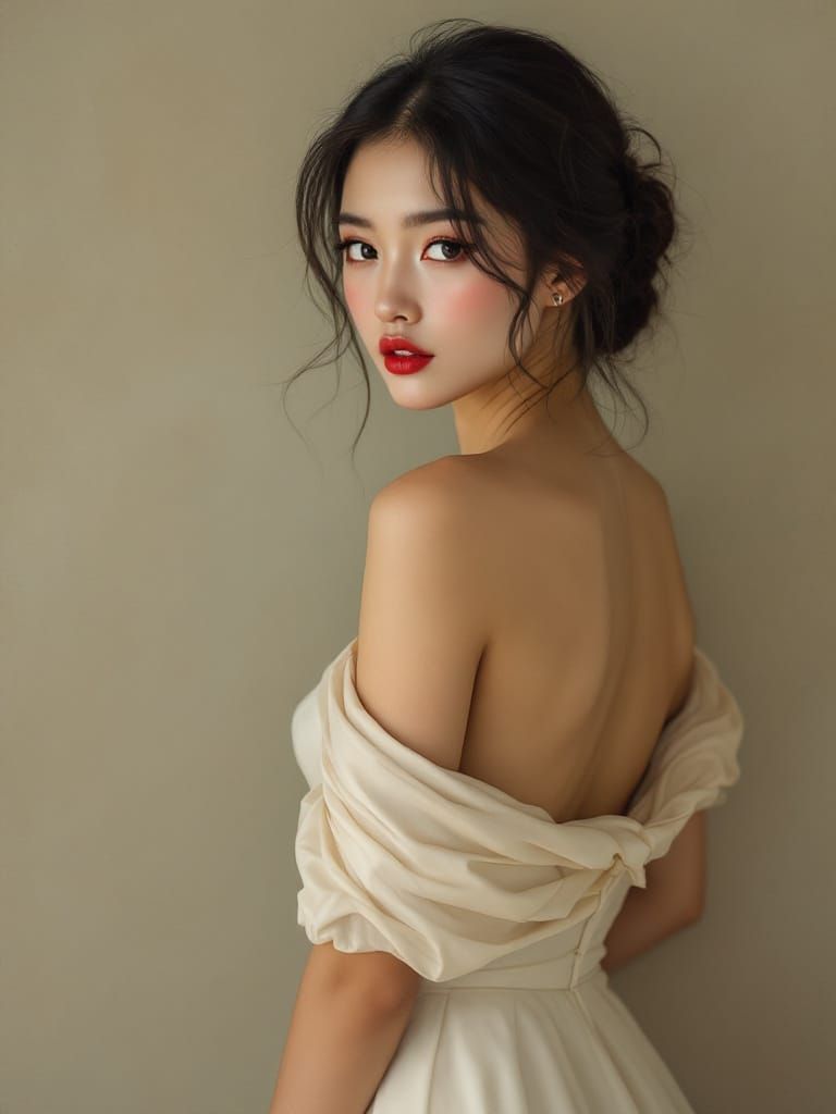 Elegant Thai Woman in Ivory Dress, Romantic Portrait